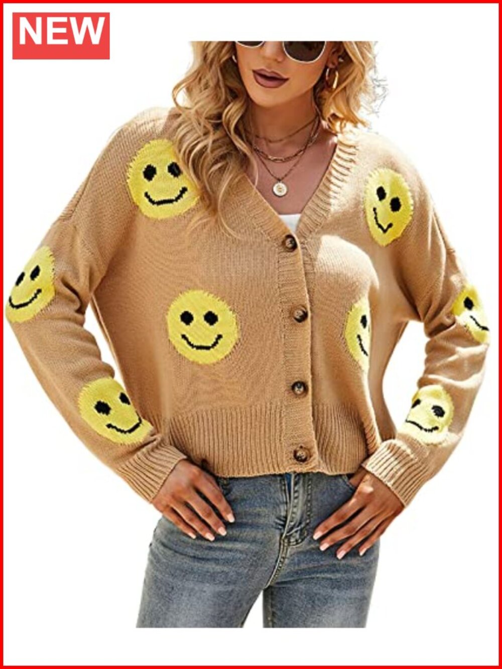 Ribbed Knit Button-Up Cardigan V-Neck Daisy Jacquard Sweater Coat